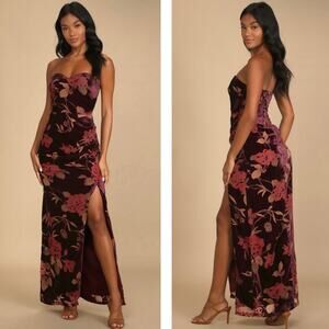 Lulu’s NWT Exquisite Burnout Velvet Strapless Floral Maxi Dress Large Plum